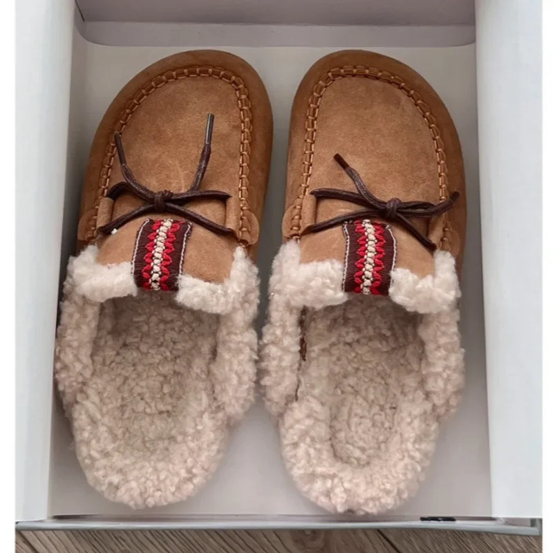 Bow Suede Platform Fur Slippers Women Flats Warm Mules Shoes Plush Cotton Flip Flops 2025 Winter Casual Fashion Women Shoes 250106