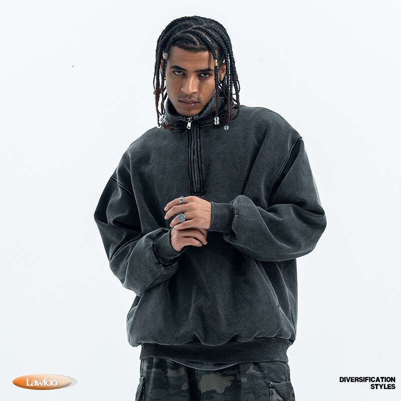 New American Street Washed Used Half Zipper Velvet Hoodie for Couples in Autumn and Winter