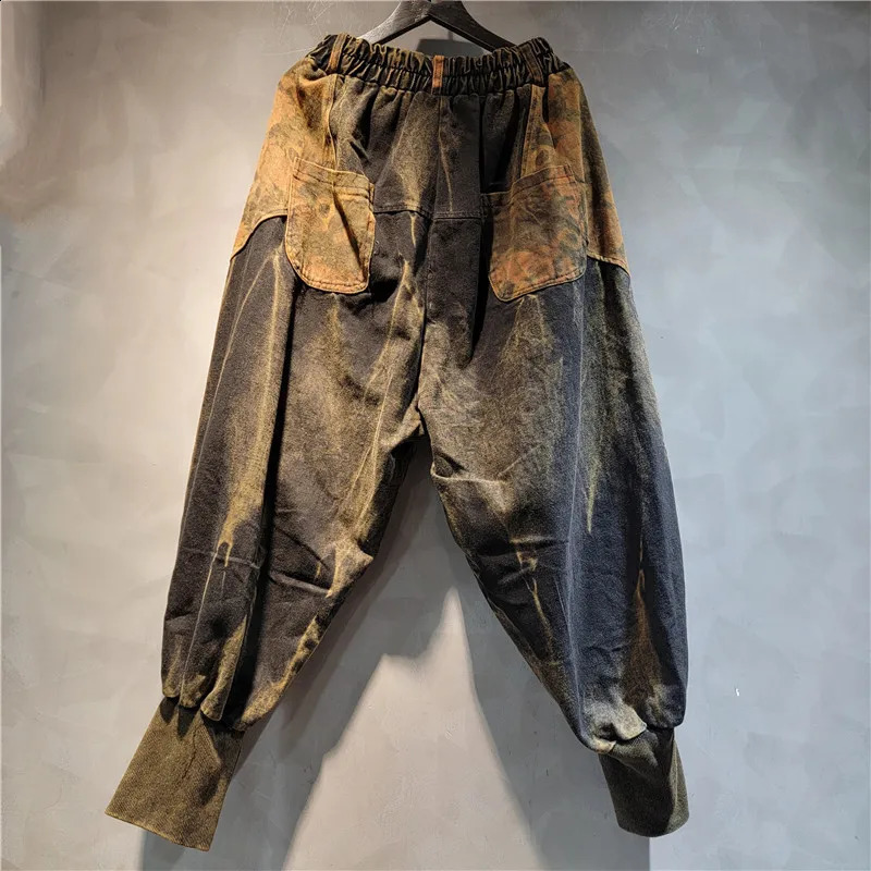 YEAE womens personality trendy cool old print splicing denim hooded vest Harlan pants two-piece fashion suit 250109