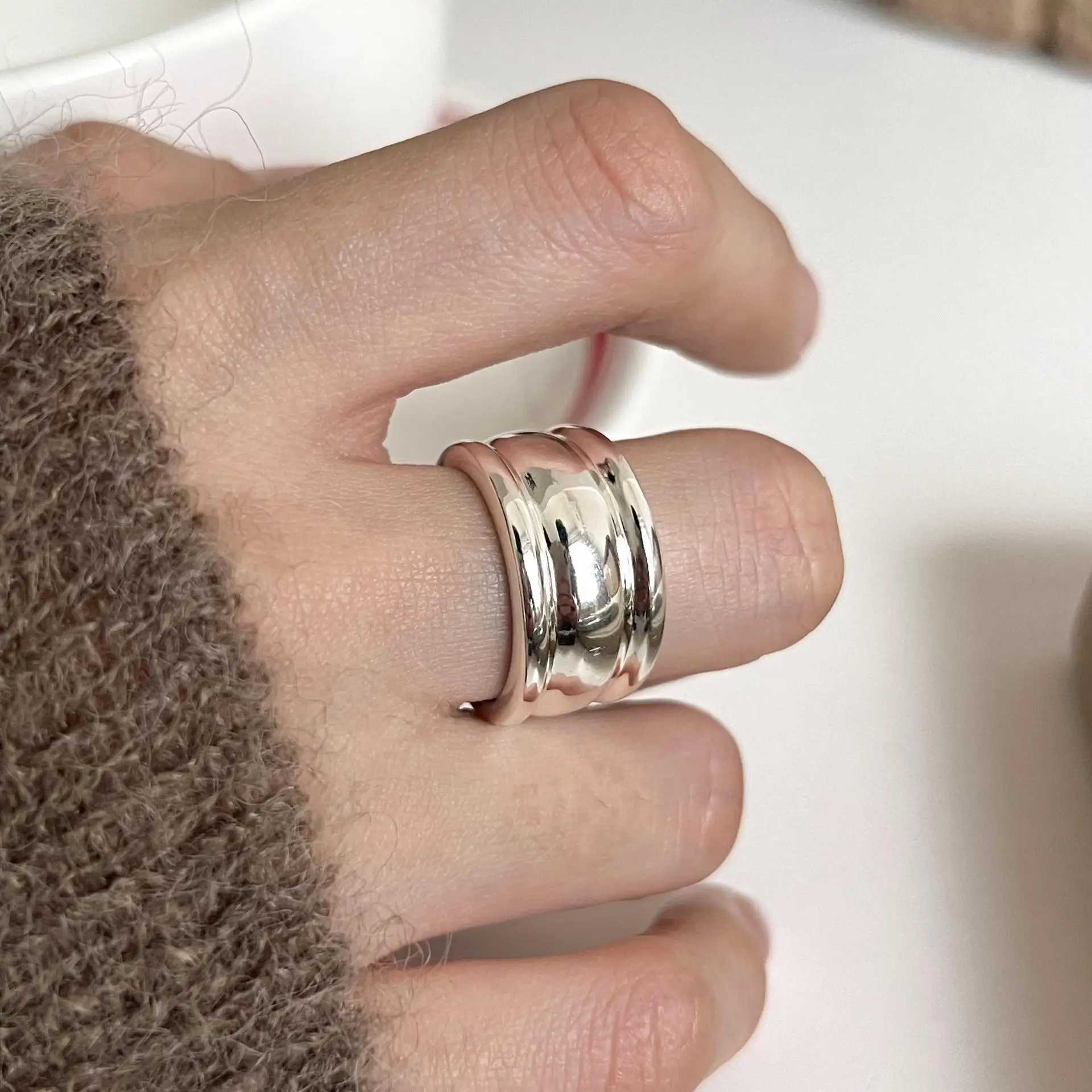 PANJBJ 925 Sterling Silver Thick Double Layer Ring for Women Girl Gift Minimalism Neutral Opening Wide Jewelry DropshippingXJ250110