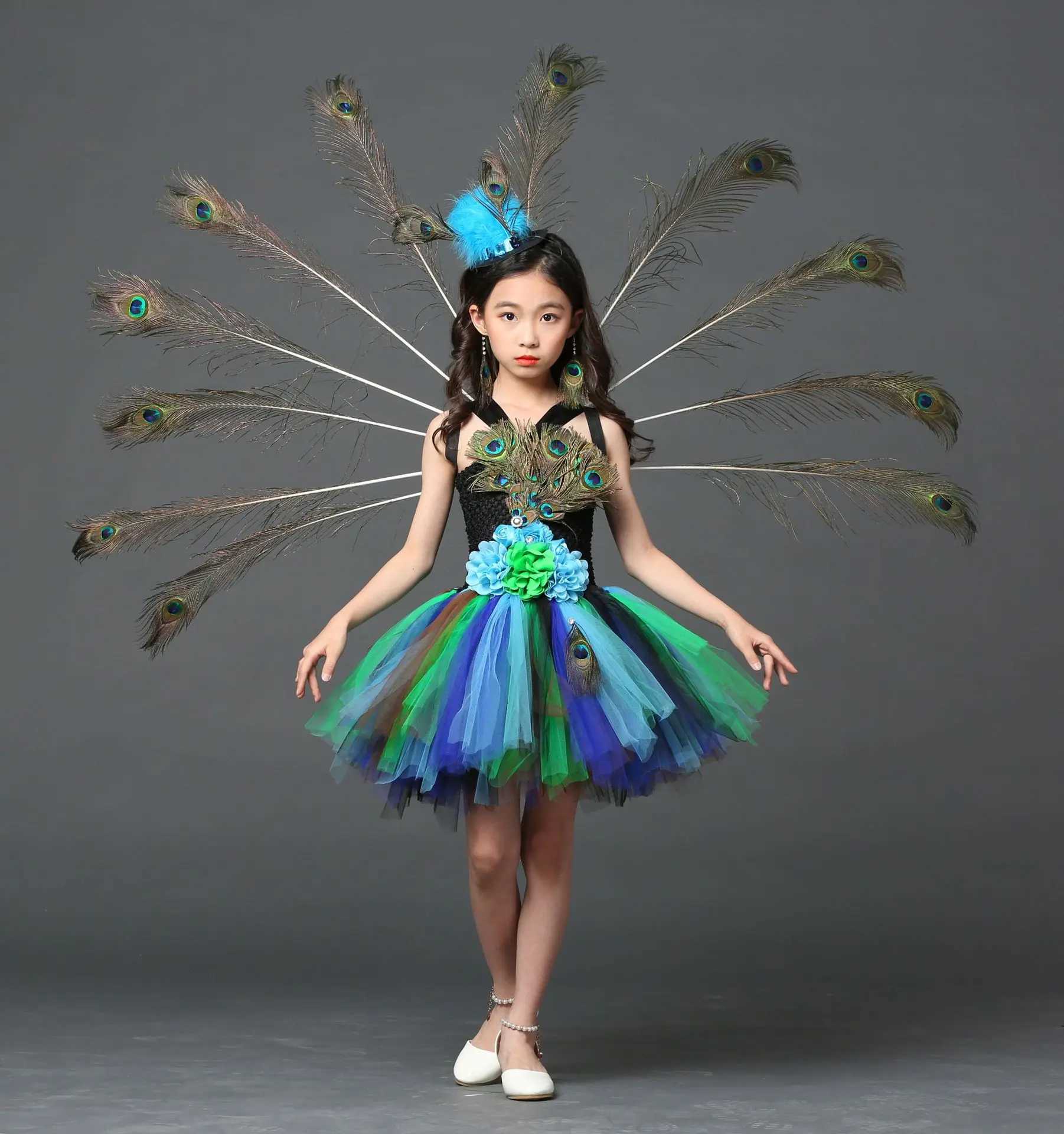 POSH DREAM Girl Peacock Flower Par Tutu Halloween Dress with Train Tulle Peacock Princess Childrens Par Evening Dress W250111