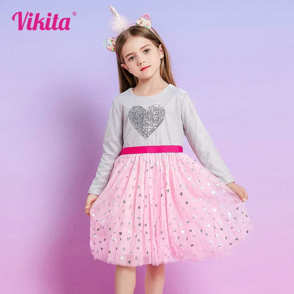 VIKITA childrens heart-shaped design sequin dress childrens long sleeved autumn princess mesh chiffon elegant dress 3-12 years W250111