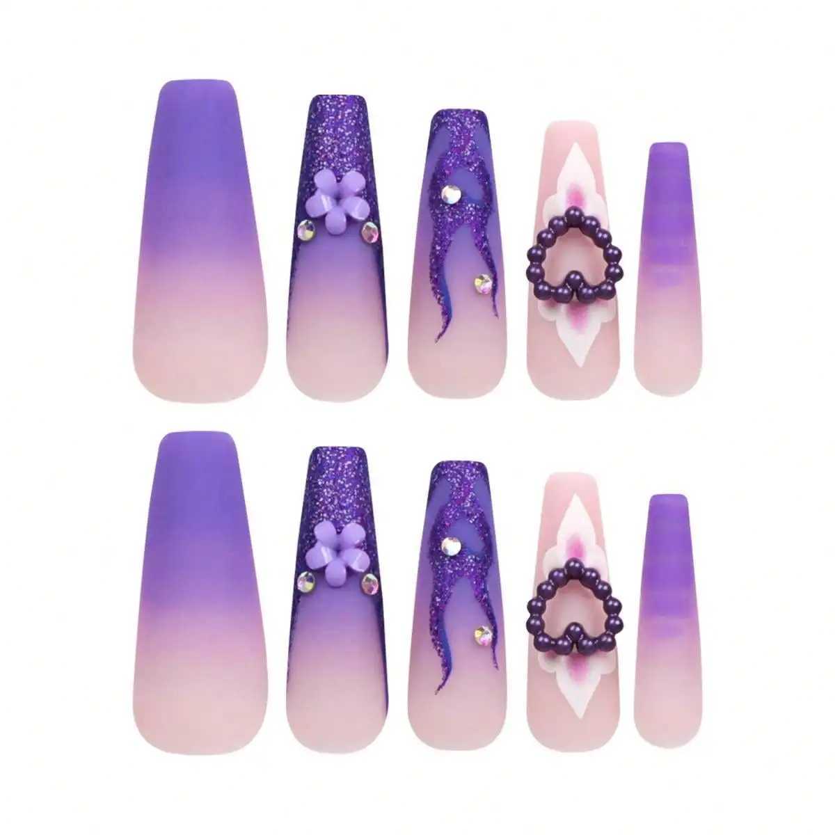 Black Friday y2k 24pcs hand-worn nail coffin A French wear nail piece purple pink flower super long diamond three-dimensional naXJ250110