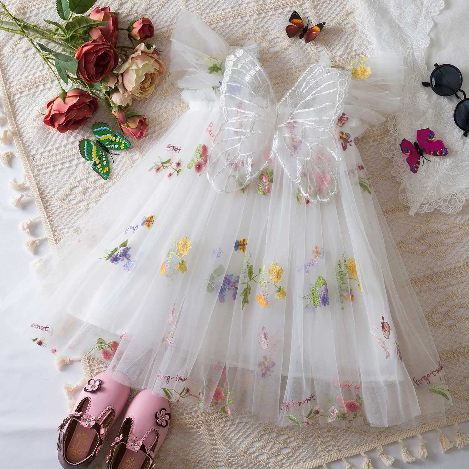 Butterfly winged princess dress suitable for girls summer sleeveless drape sheer Tutu dress childrens birthday party beach A-Line dress W250111