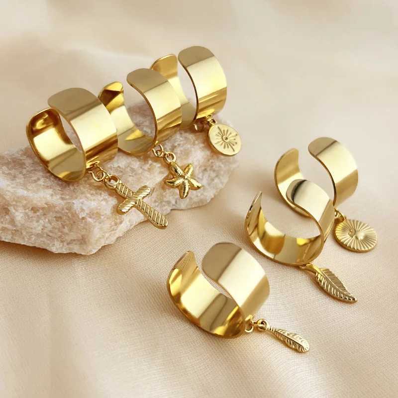 New punk gold stainless steel geometric ring womens unisex feather starfish cross pendant wide ring party jewelry W250111