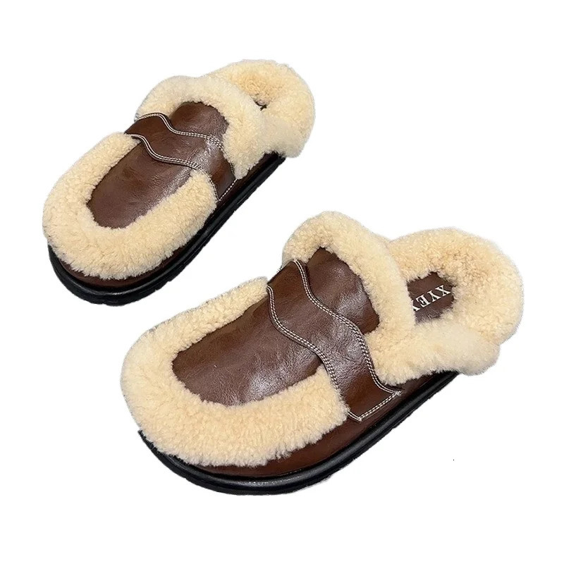 Flats Platform Cotton Slippers Women Fur Mules Shoes Winter Plush Warm Slides 2025 Trend Casual Snow Boots Soft Leather Cozy 250106
