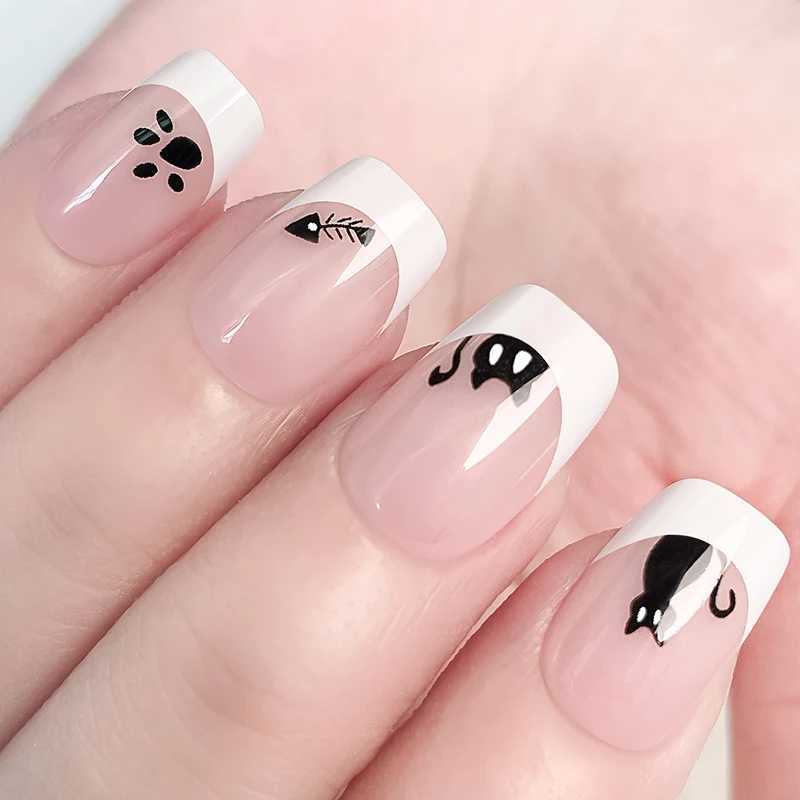 24pcs Square False Nail Pink French Cute Black Cat Design Halloween Style Girl Art Press on Nails with nail tools for Women GiftXJ250110