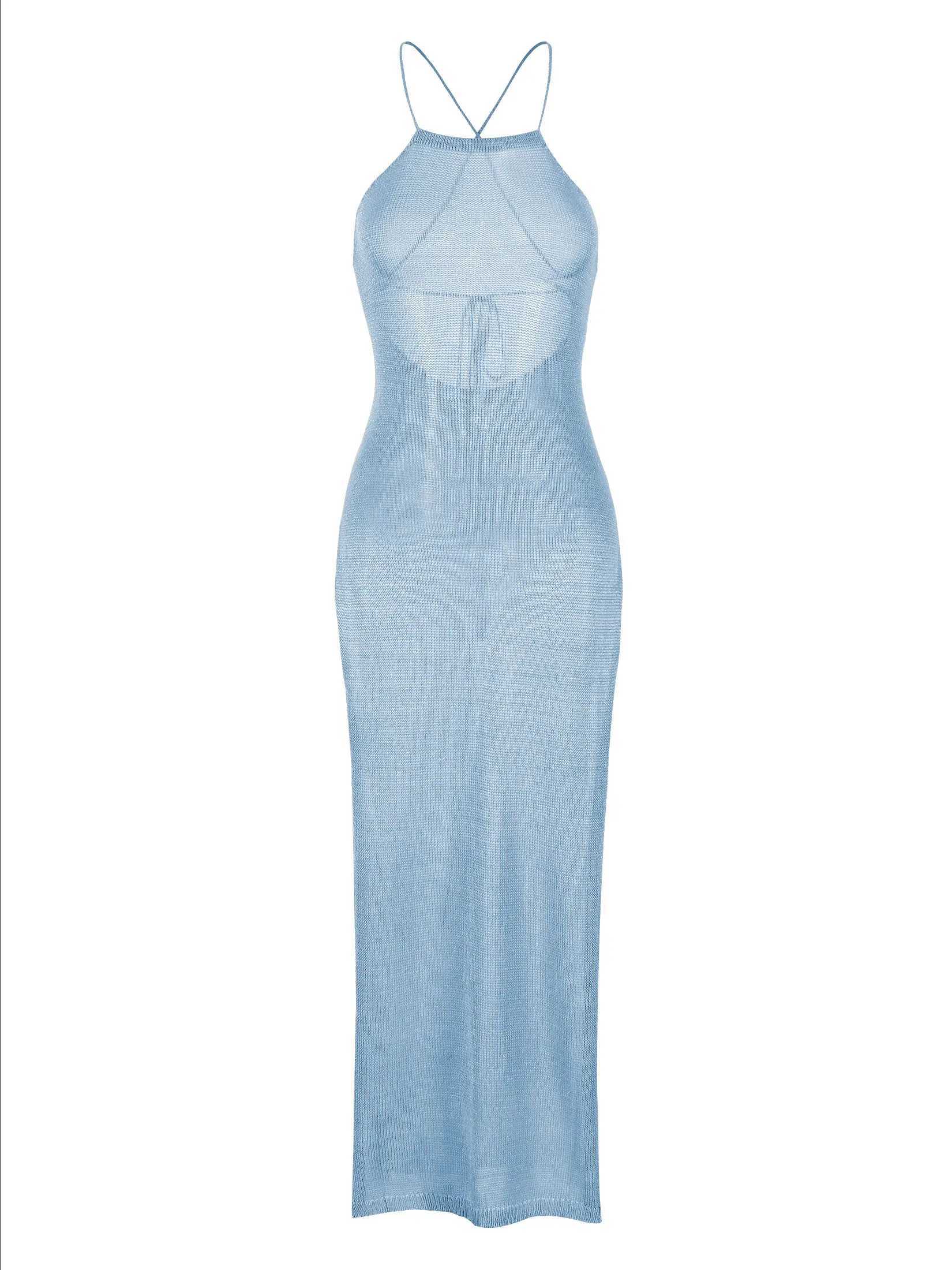 Basic Casual Dresses Sexy Holiday Knitted Beach Holiday Dress No Back See Through Halter Slim Summer Elegant Maxi Beach Dress