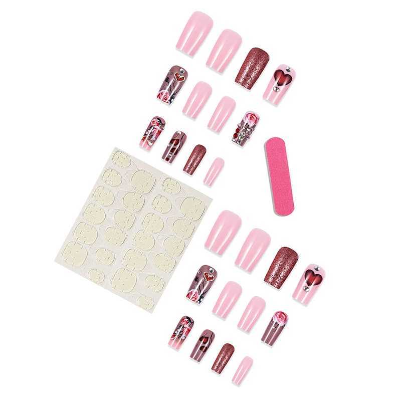 24Pcs Love Rose Press on Nails Valentines Day Red Medium Ladder Flashing Fake Nail for Women Girl Detachable Wearable NailXJ250110
