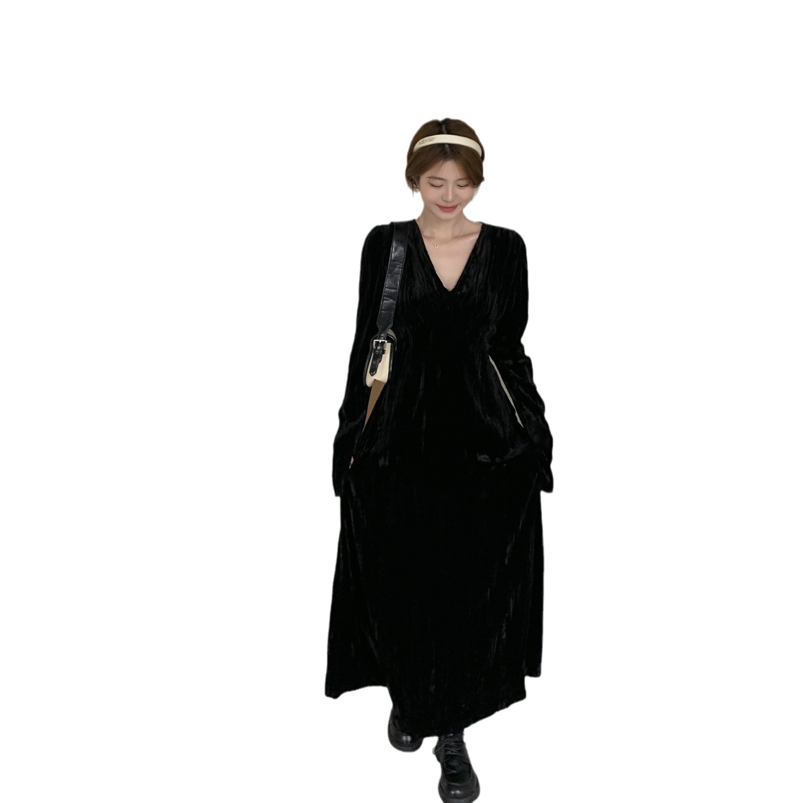 X2641 Long sweet style gold velvet dress autumn and winter temperament royal sister style pleated waist long sleeve ankle long skirt