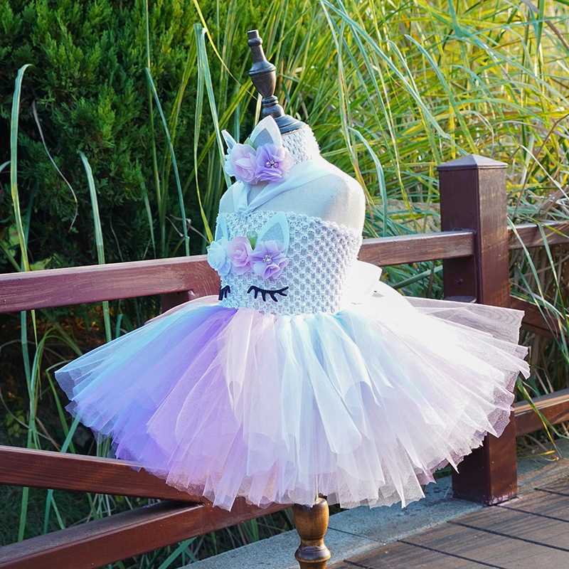 Girl Pastel Flower Tutu Dress Baby Crochet Fluffy Tulle Tutu with Headband Childrens Birthday Par Costume Role Playing Dress W250111