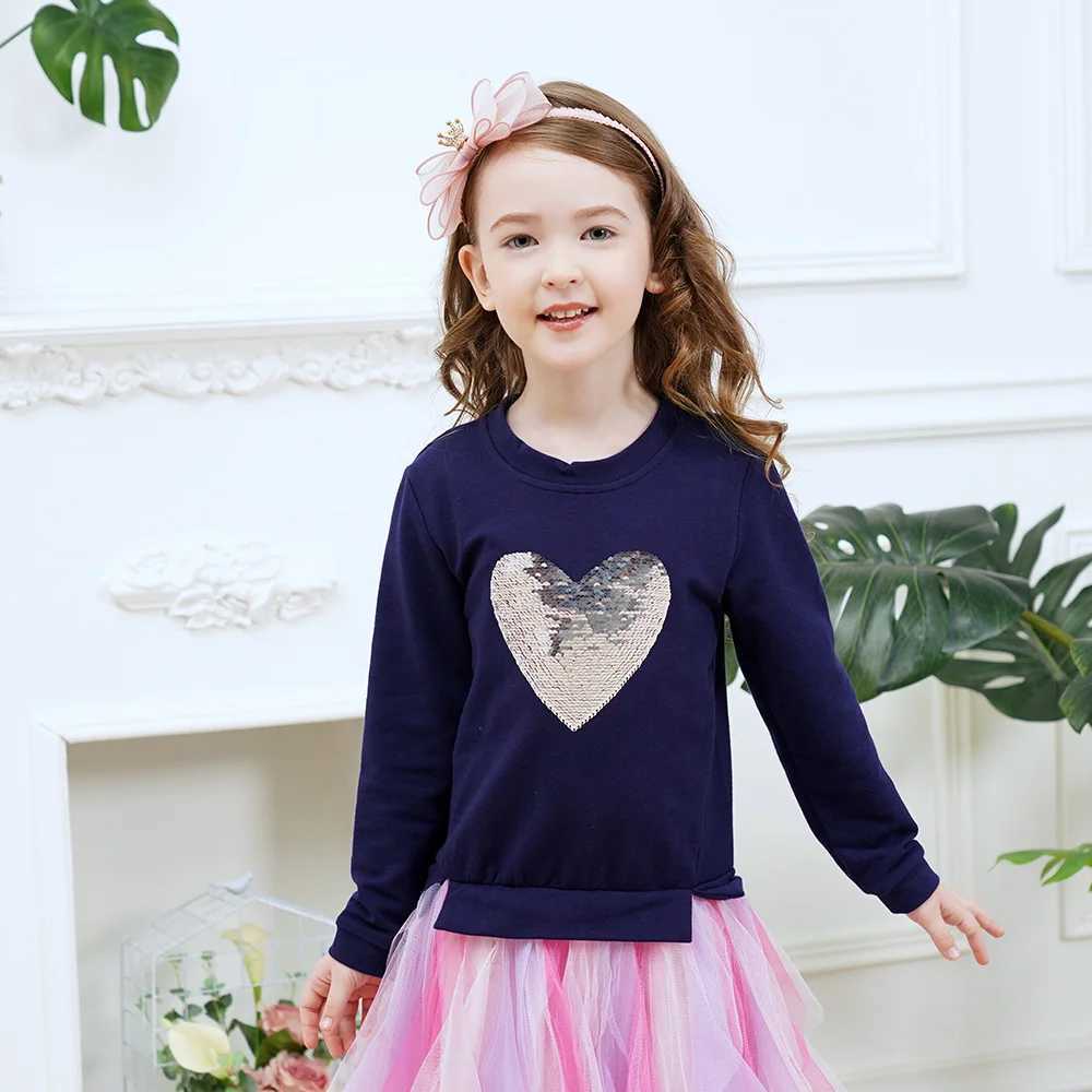 VIKITA girls sweater childrens heart-shaped Flipable sequin application patch work clothes girls chiffon mesh layered Tutu dress W250111