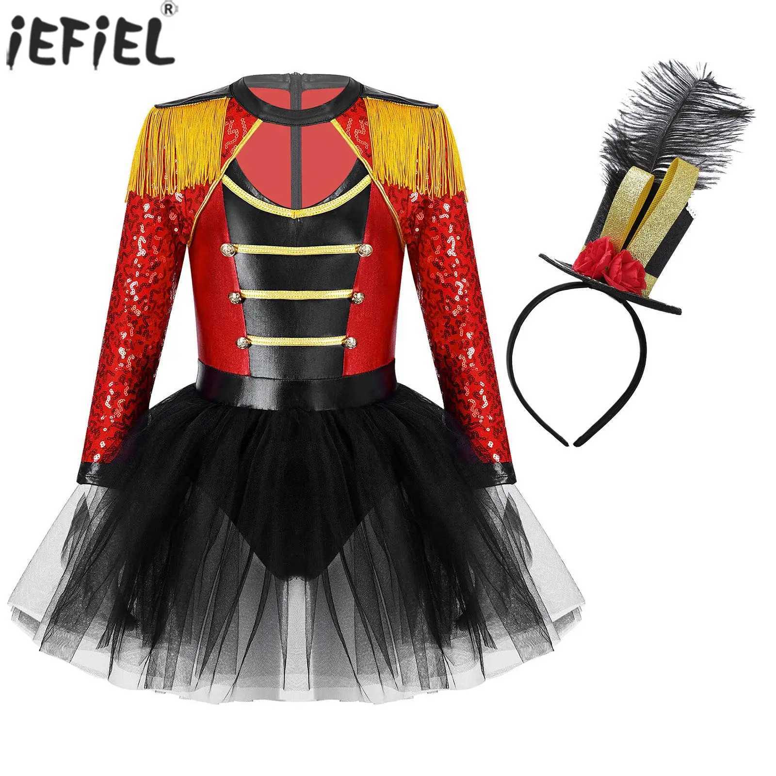 Childrens girl circus Ringmaster magic costume long sleeved sequined tight fitting Tutu dress Halloween lion taming theme Par role-playing set W250111