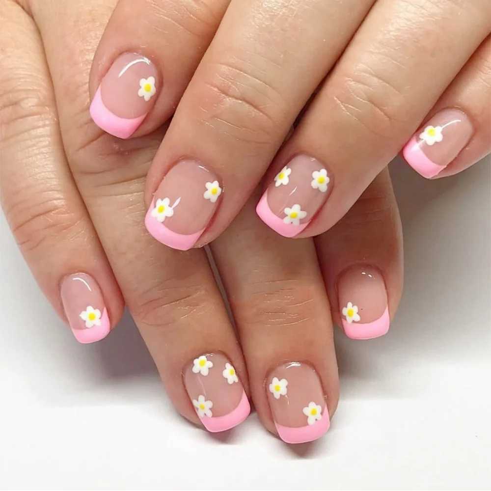 24pcs Pink Short Square Fake Nail Art Design Leopard Print French False Nail Wearable Simple Bow Stick on Press on Nails TipsXJ250110