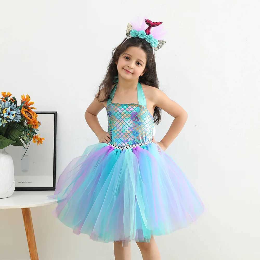 Child girl role-playing Par dress up princess dress up mermaid chiffon Tutu dress theme birthday Par costume with floral headband W250111
