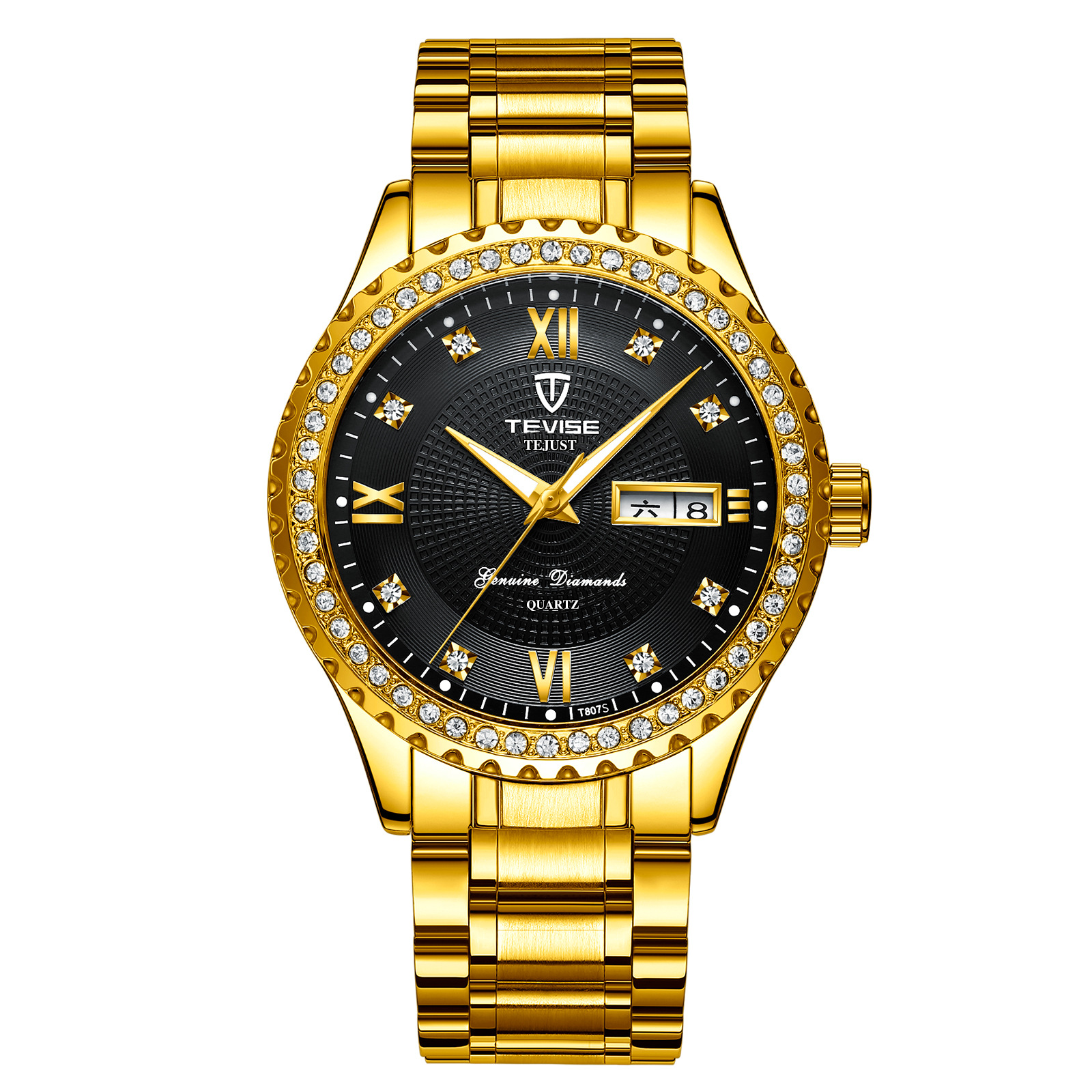 TEVISE Automatic Quartz Watch Designer Diamond-encrusted Waterproof Watch with Day and Date Display for Both Men and Women WristWatch T049-T807B