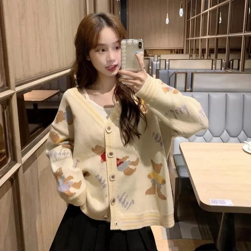 Knitted Korean Cardigan Womans Clothes Cute V-neck Jacquard Loose Outerwear Lazy Style Youth Lively Fashion Trend Autumn Winter 250106