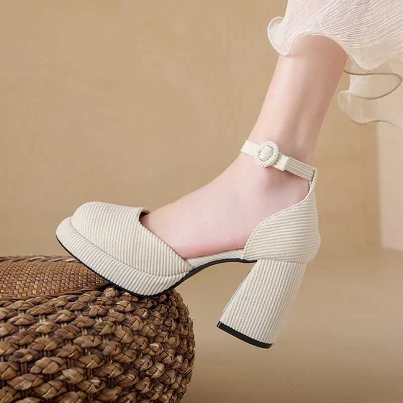 New Arrival Green High Heels Pump Womens Autumn Ankle Shoulder Strap Short Fat Platform Mary Jane Shoes Womens Corduroy Thick High Heels Party Shoes T