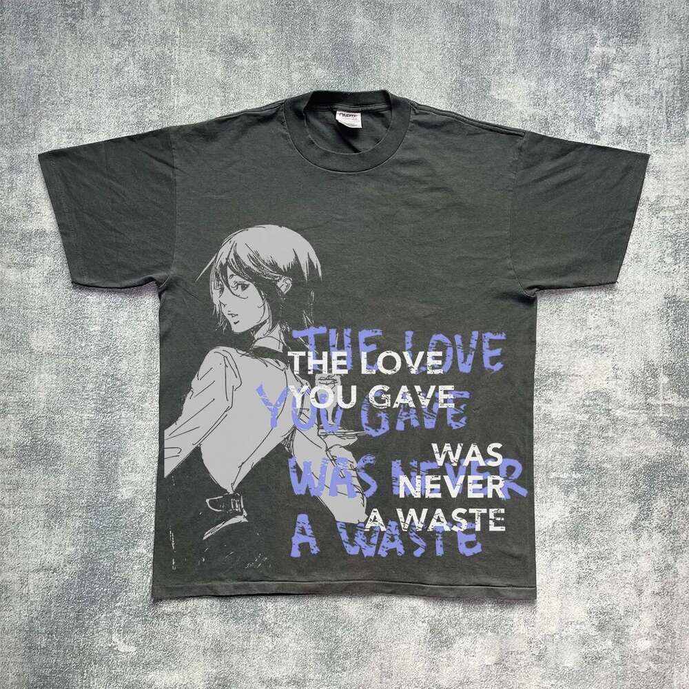Cartoon anime character letter printed short sleeved men's casual loose and versatile trendy brand white T-shirt ins half cut sleeve