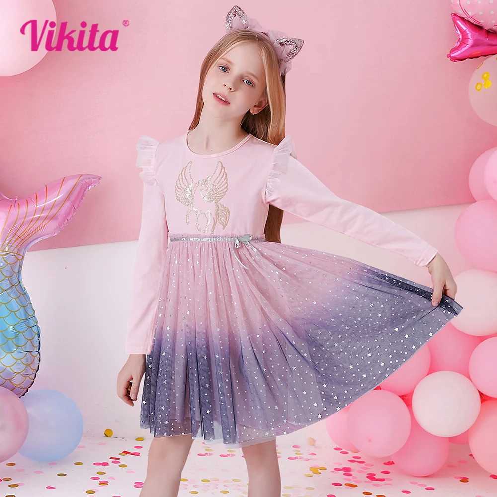 Vegeta Girl Autumn Spring Flame Sleeve Childrens Unicorn Print Gradient Dress Childrens Birthday Party Princess Pink Mesh Dress W250111