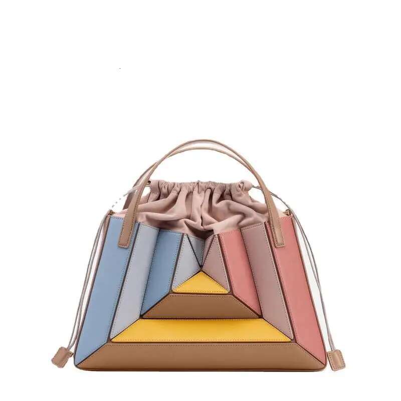 Fashion Square Women Shoulder Bags New Color Blocked Patchwork Niche Handheld Leisure Versatile Drawstring Crossbody Bag