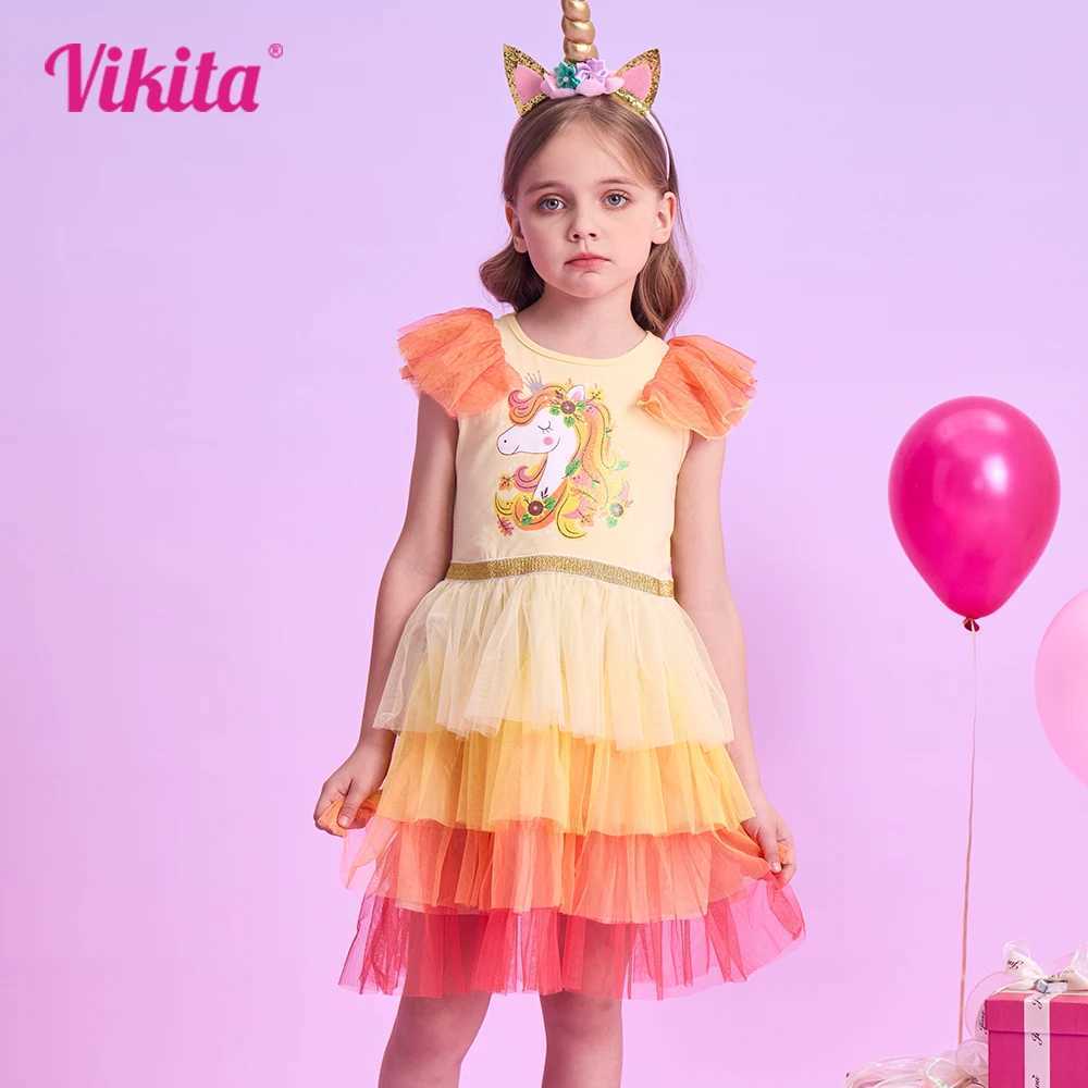 Vikita childrens summer vest girl flame sleeves mesh sheer laminated princess birthday Par Tutu dress girl print dress W250111
