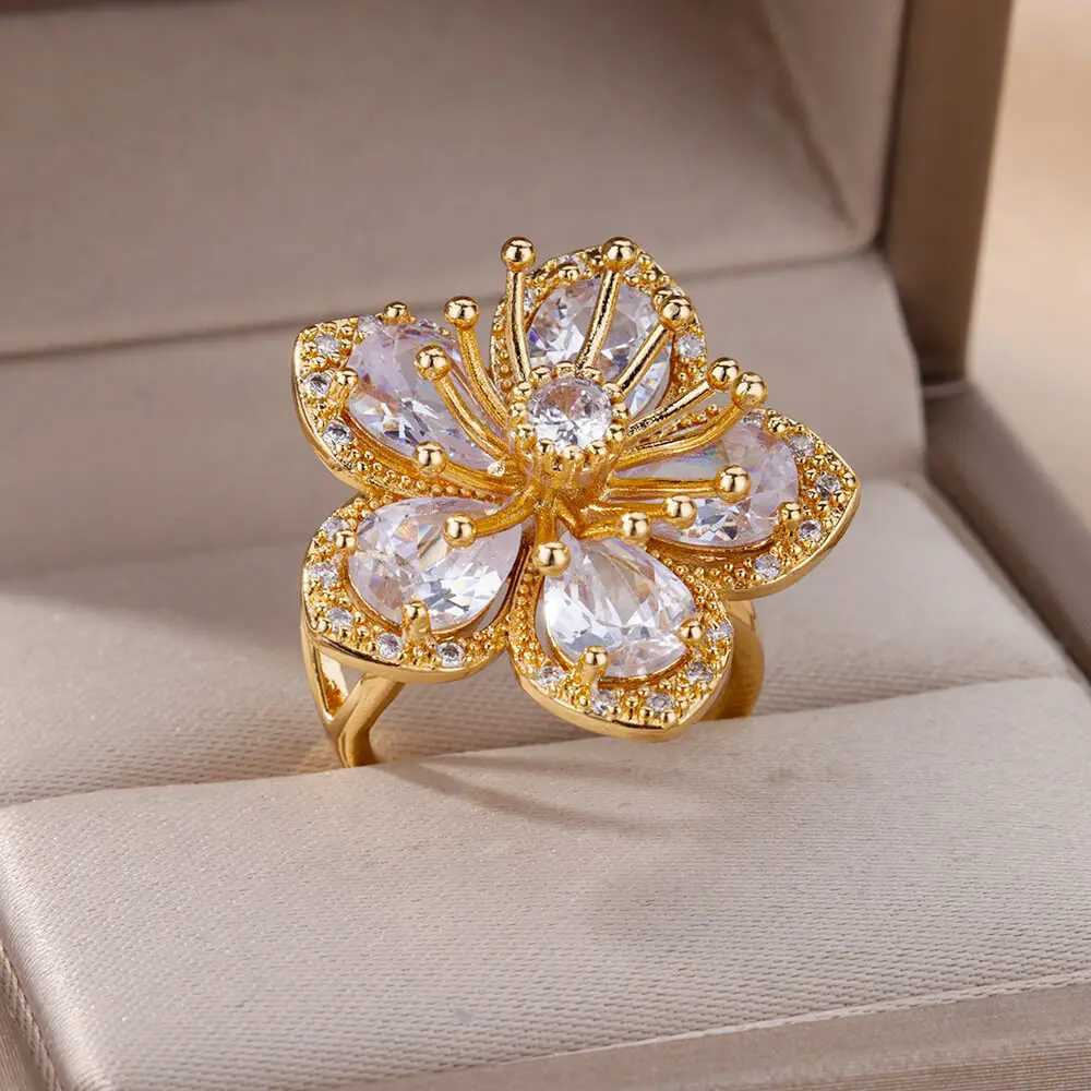 Pink Zircon Flower Rings for Women Gold Color Stainl Steel Ring 2024 Trend Elegant Floral Luxury Aesthetic Jewelry anillosXJ250110