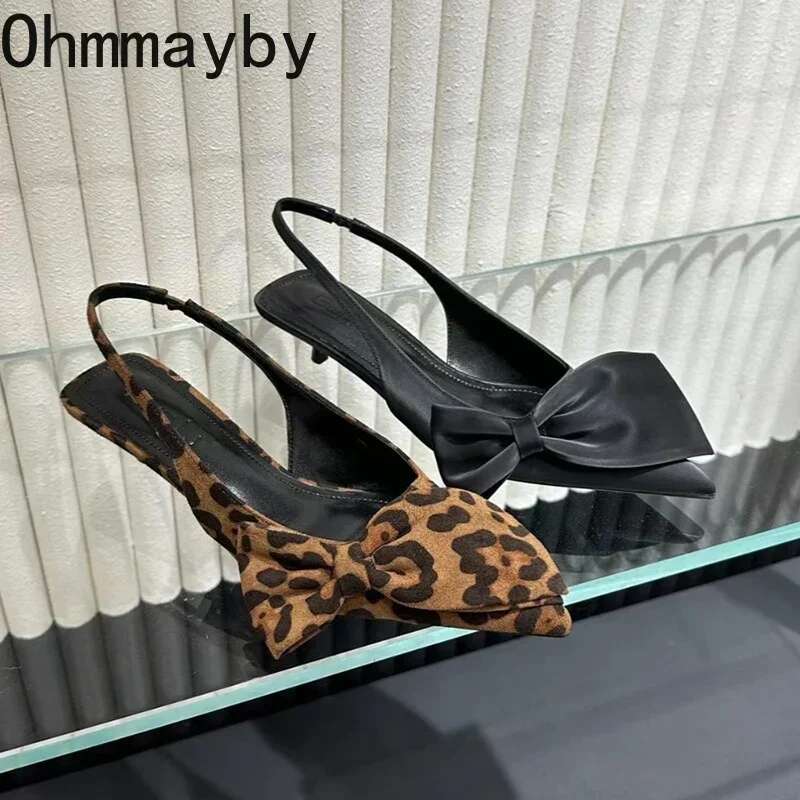 Summer Pointed Toe Women Sandals Fashion Shallow Butterfly-Knot Singbacks Shoes Ladies Elegant Leopard High Heel Sandalias