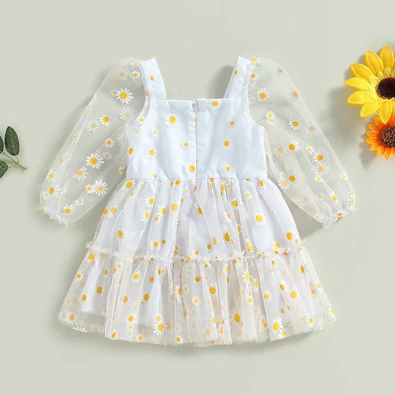 0-3 year old toddler baby girl Tutu Princess A-Line dress cute daisy print autumn long sleeved lace pleated mesh chiffon Par dress W250111