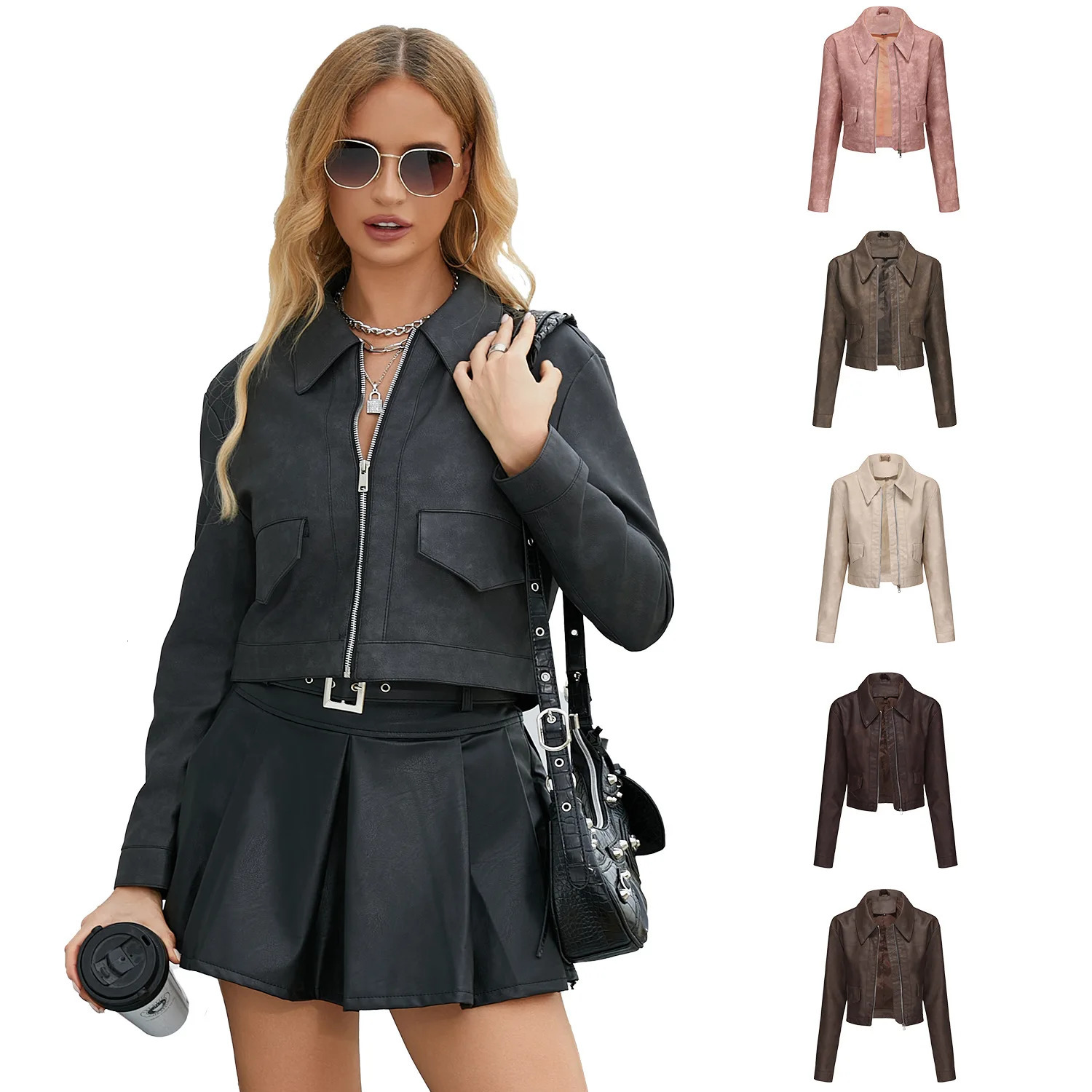Spring Autumn Womens Leather Jacket Lapel Zipper Thin Long Sleeved Casual Coat Clothing 250103