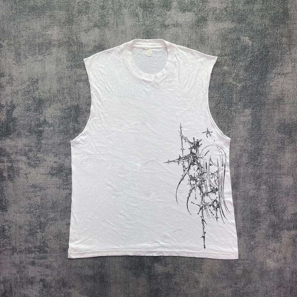 Inspiration: Water washed printed cut sleeves men's hip-hop loose and versatile top for high school students, American trend T