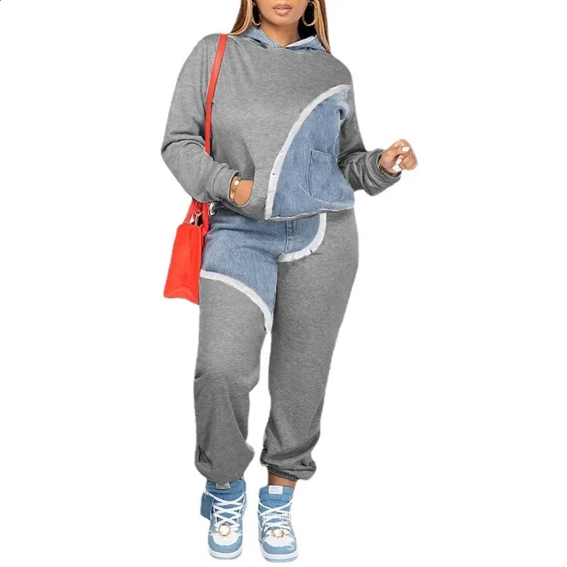 Women Two Piece Sets Tracksuit Autumn Jeans Splicing Hooded Top Sweatshirts Pocket Jogger Pants Suit Loose Female Office Lady 250109
