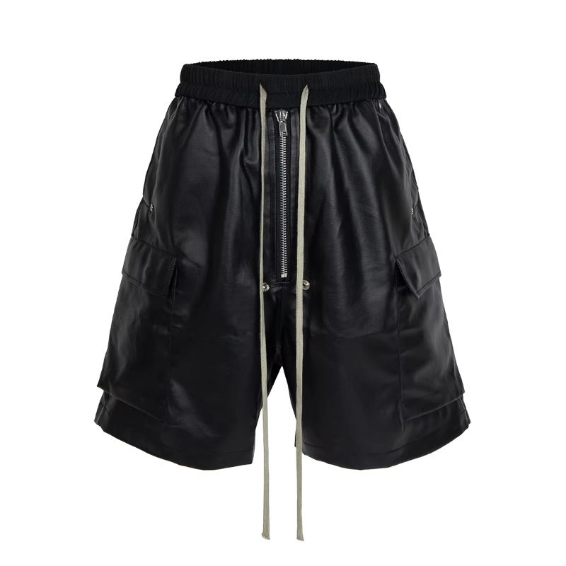 High Street Wide Leg Matte Coated Cargo Shorts for Men Loose Baggy Summer Drawstring Shorts Oversize Knee Length Pants