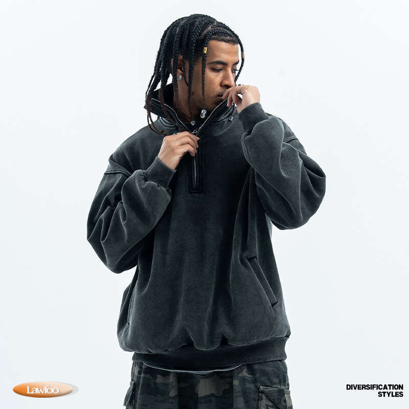 New American Street Washed Used Half Zipper Velvet Hoodie for Couples in Autumn and Winter