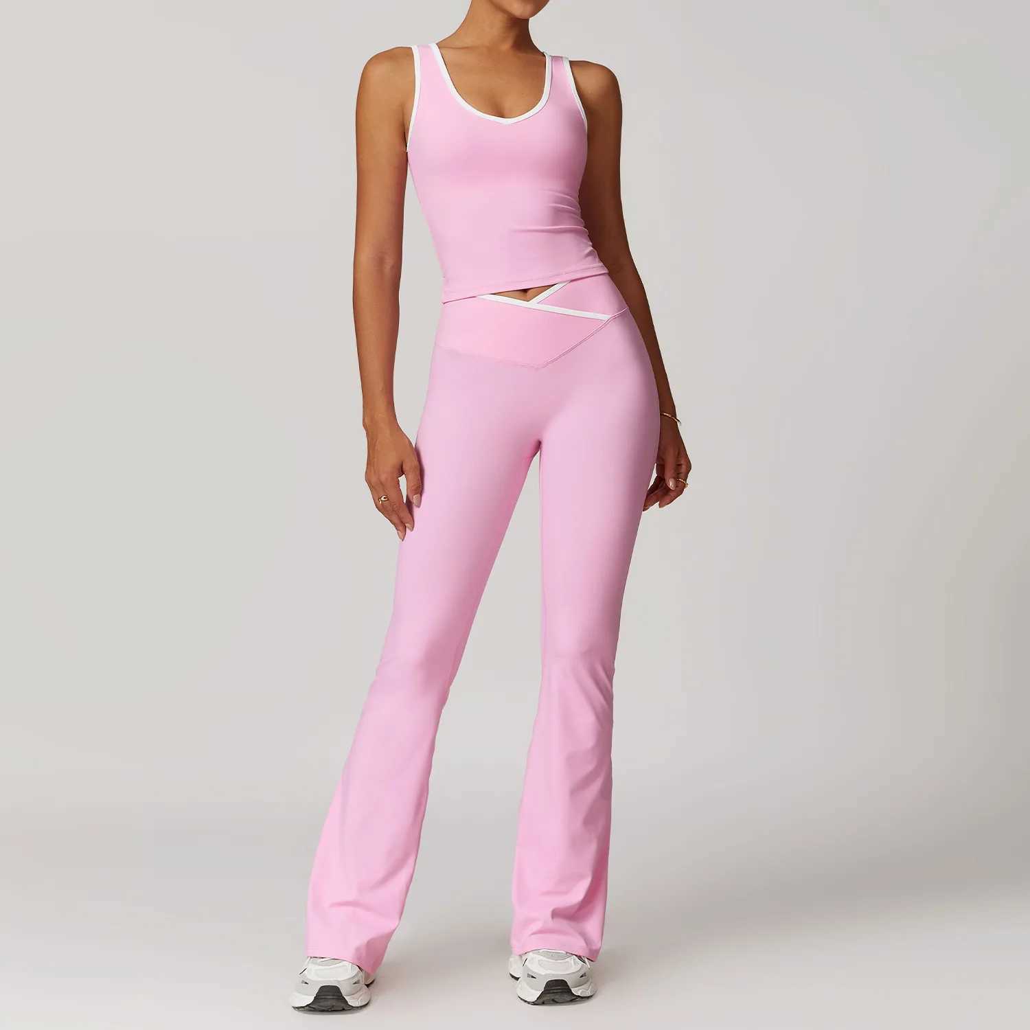 Autumn womens U-neck vest high waist cross wide leg pants suitable for seamless elastic sportswear X250110