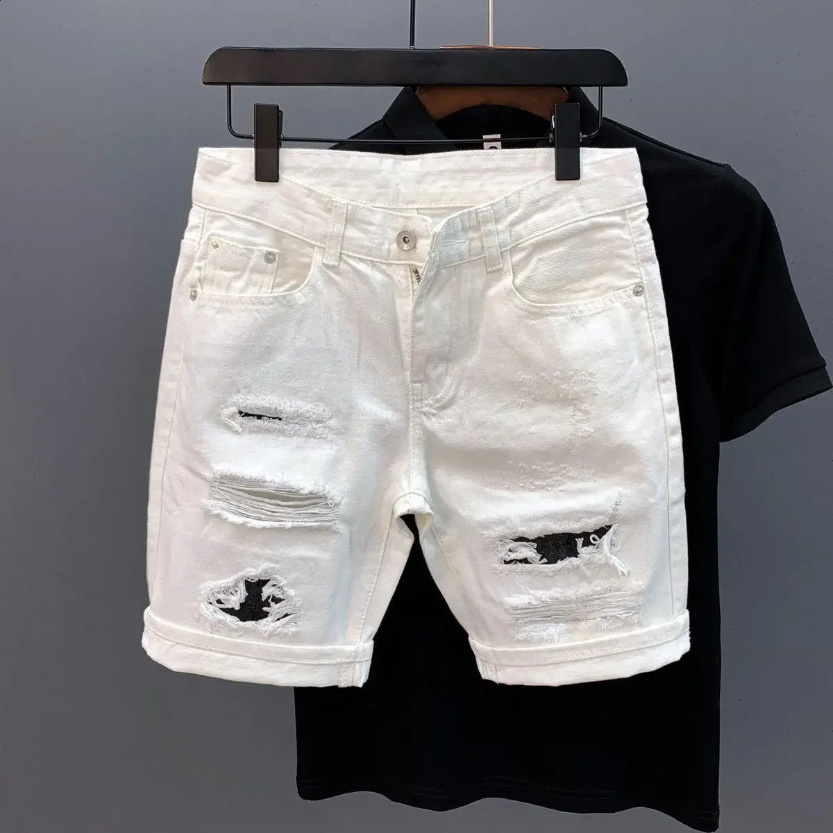 Mens Trendy Summer Style White Denim Shorts Big Slit Casual Non-stretch Five-piece Pants For Men 250109