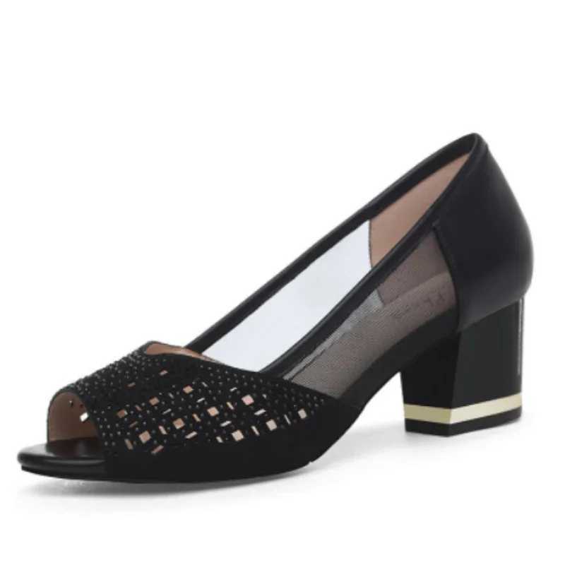 New Arrival Summer Womens Pumps Bling Open Toe High Heels Hollow Womens Sandals Dress Shoes Office Square Heel Mujer Womens Shoes T250110