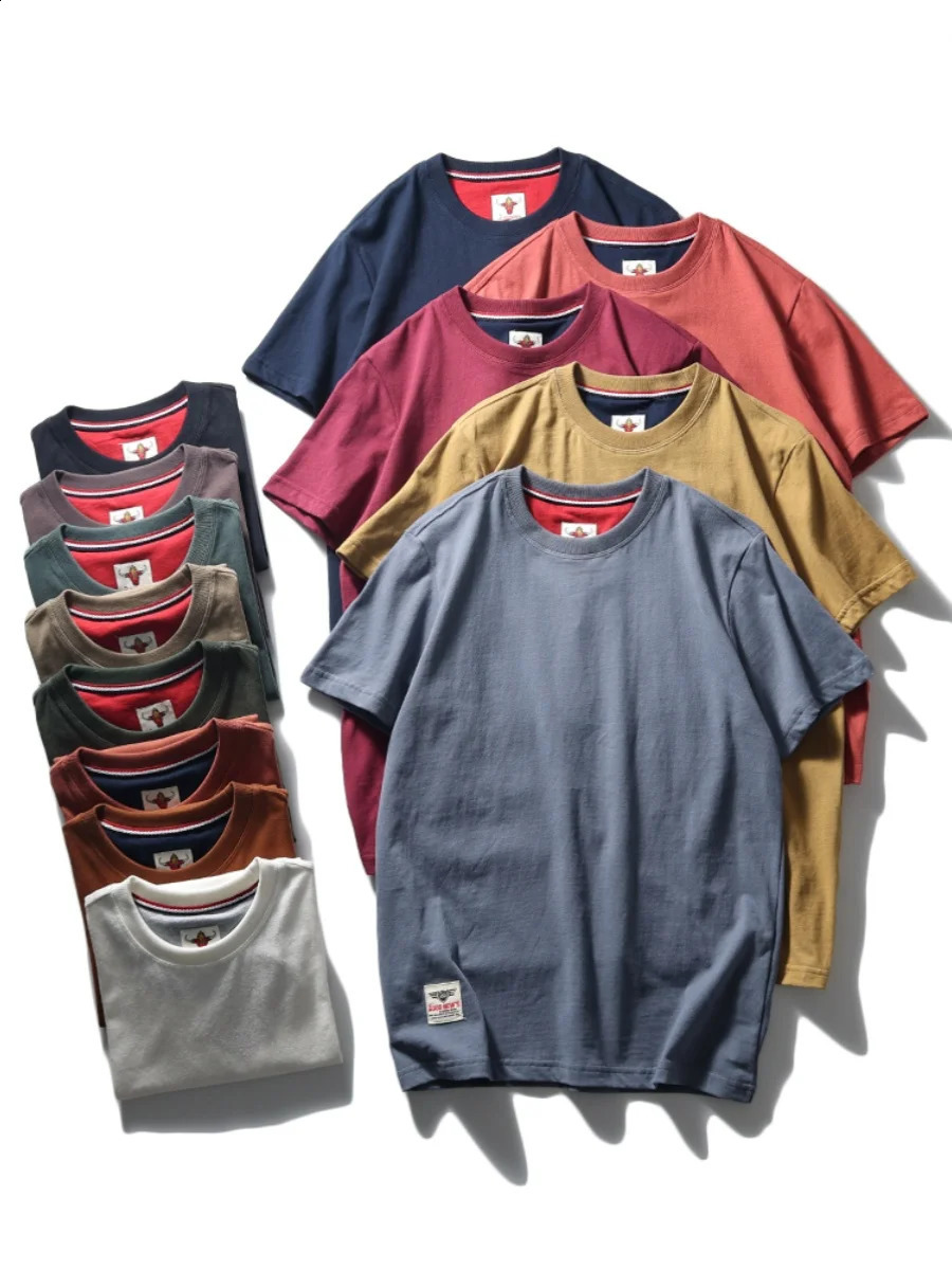 Summer American Retro Short Sleeve Oneck Solid Color Tshirt Mens Fashion 100% Cotton Washed Casual Terry Cloth Tops 250108