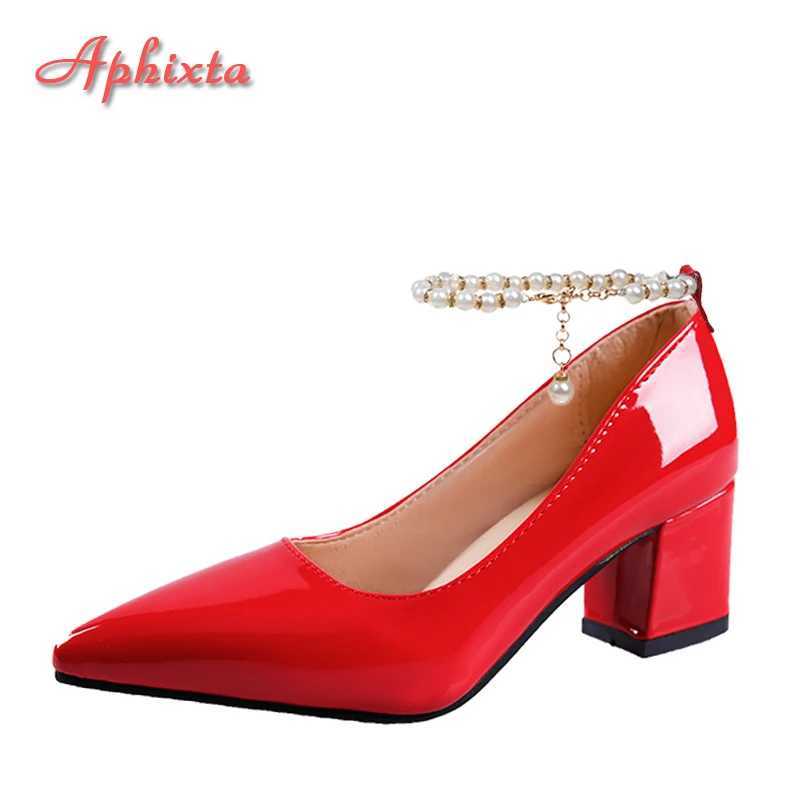 New Arrival Aphixta 5cm 7cm Thick High Heels Womens Pump Crystal Pearl Chain Ankle Lace Casual Shoes Fashion Patent Leather Plus Size 30-50 T250110