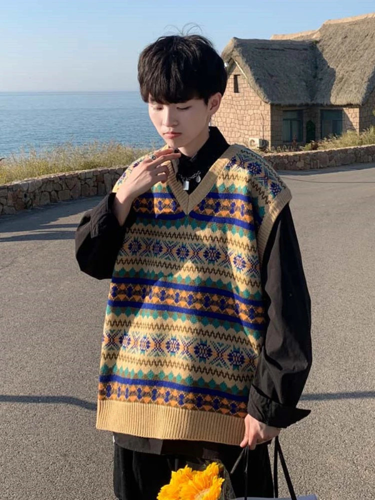 Gmiixder Japanese Retro Knitted Vest Mens Trend Ethnic Style Oversize Trendy Top Handsome Streetwear Vneck Sweater Undershirt 250107