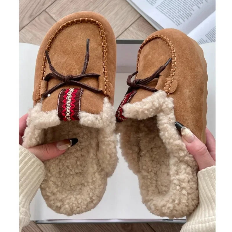 Bow Suede Platform Fur Slippers Women Flats Warm Mules Shoes Plush Cotton Flip Flops 2025 Winter Casual Fashion Women Shoes 250106