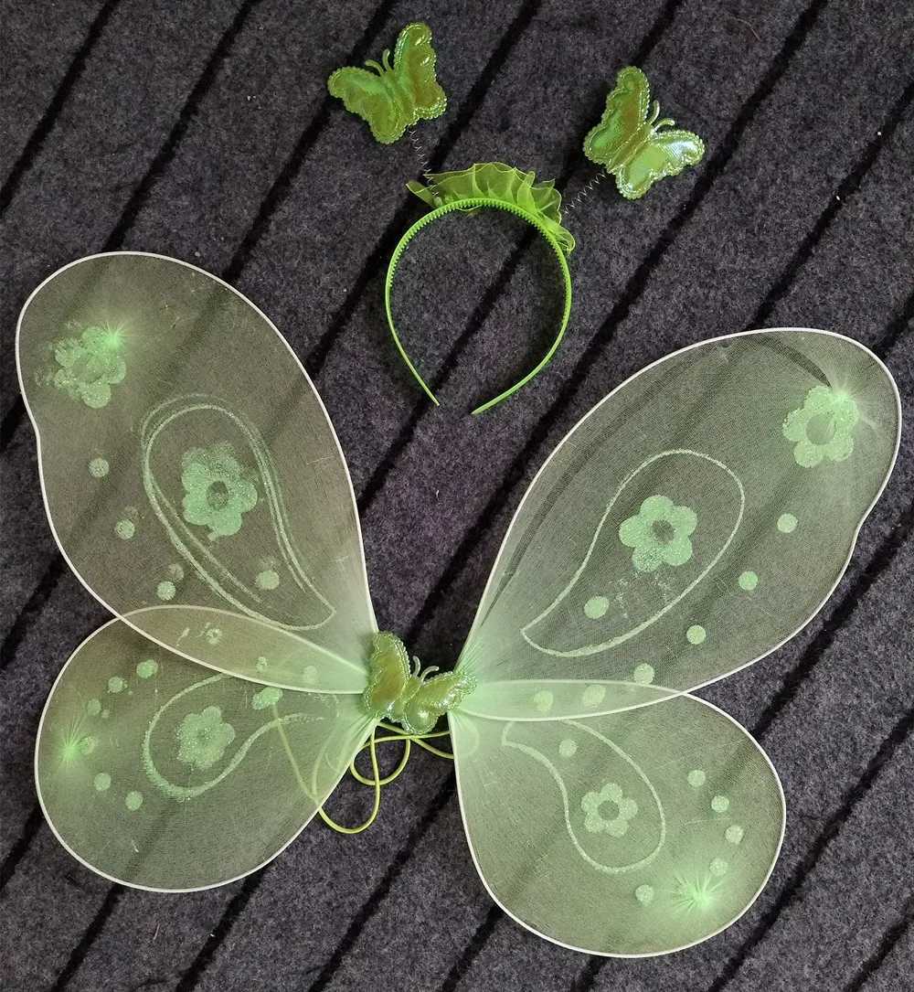 Girls Green Fairy Flower Tutu Dress Childrens Fluffy 2-Layer Tulle Tutu with Butterfly Wing Headband Set Childrens Role Playing Par Dress W250111