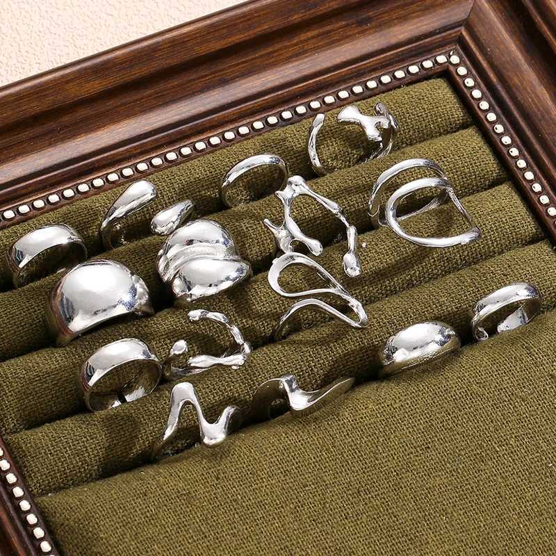 15Pcs Punk Smooth Geometric Open Rings Set For Women Exaggerated Irregular Silver Color Thick Chunky Ring Hip Hop Jewelry GiftsXJ250110