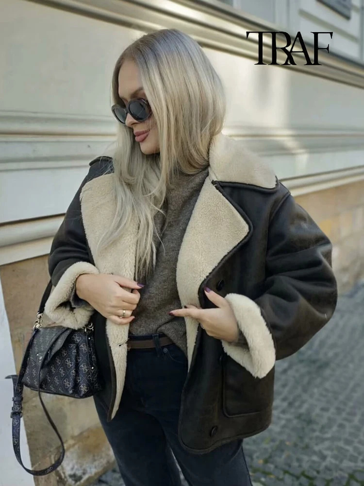 TRAF Womens Fashion Retro Lapel Single Breasted Jacket Khaki Faux Leather Warm Thickened Fluffy Coat 250103