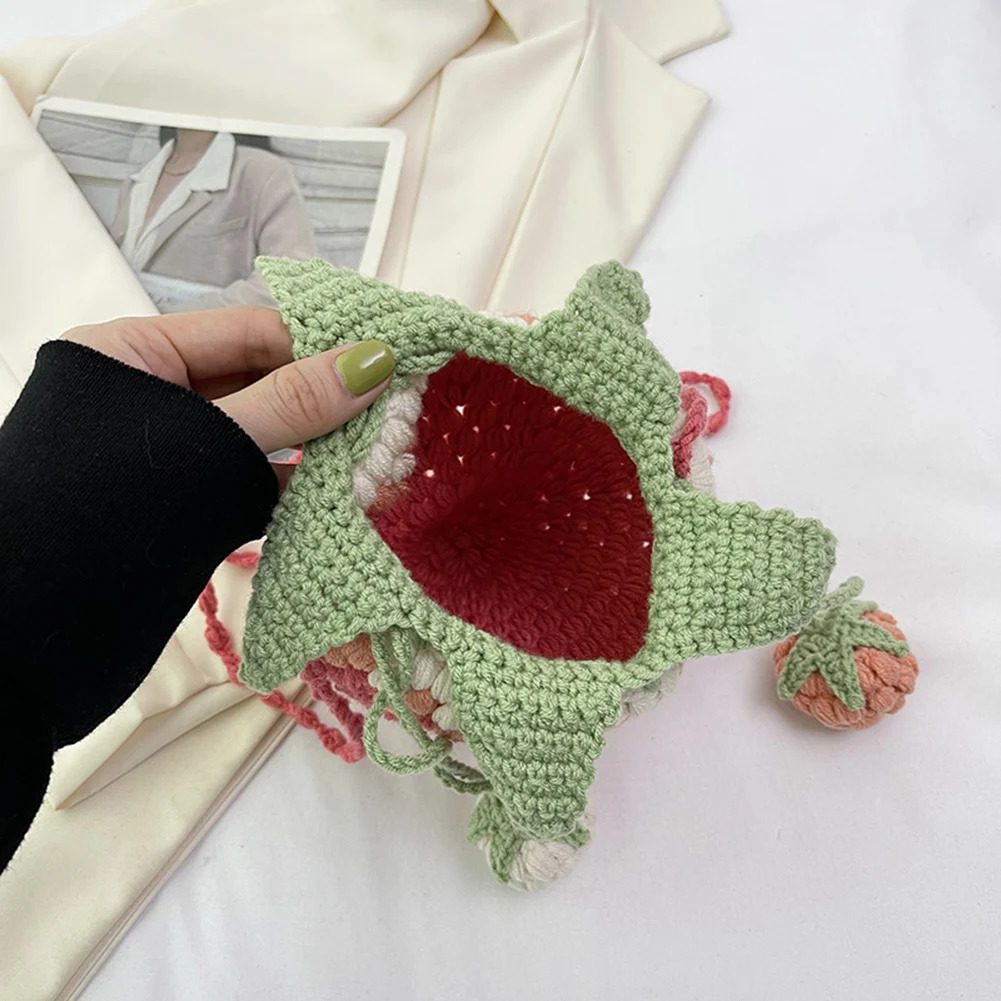 Women Strawberry Crossbody Bag Versatile Adorable Shoulder Casual Handbag DIY Cartoon Crochet Bucket Purse 250107