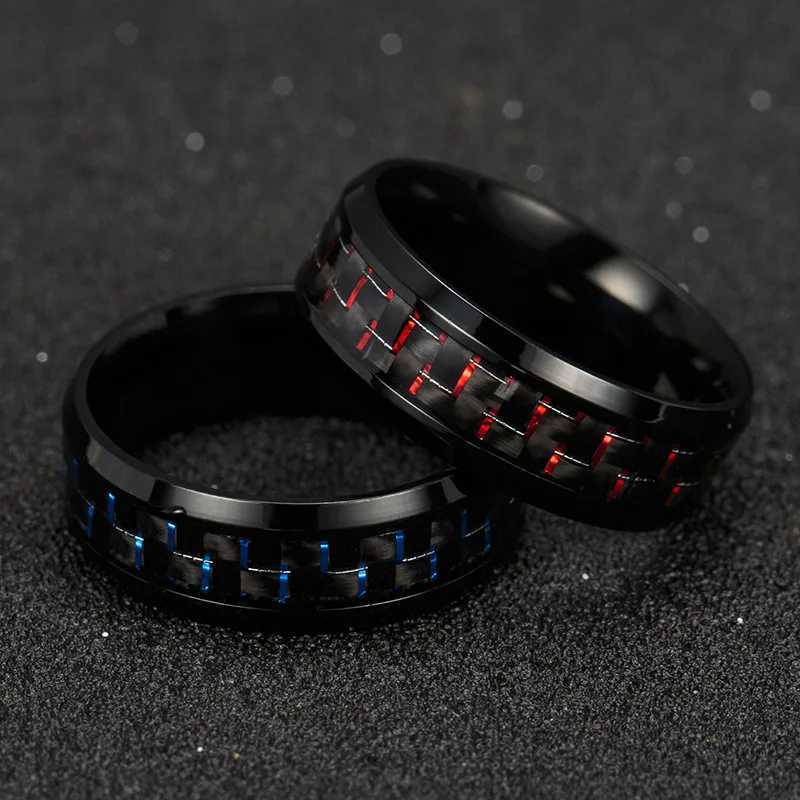 2020 Titanium Steel Black Caon Fiber Rings Fashion Red Blue Ring Anel Masculino Mens Cool JewelryXJ250110