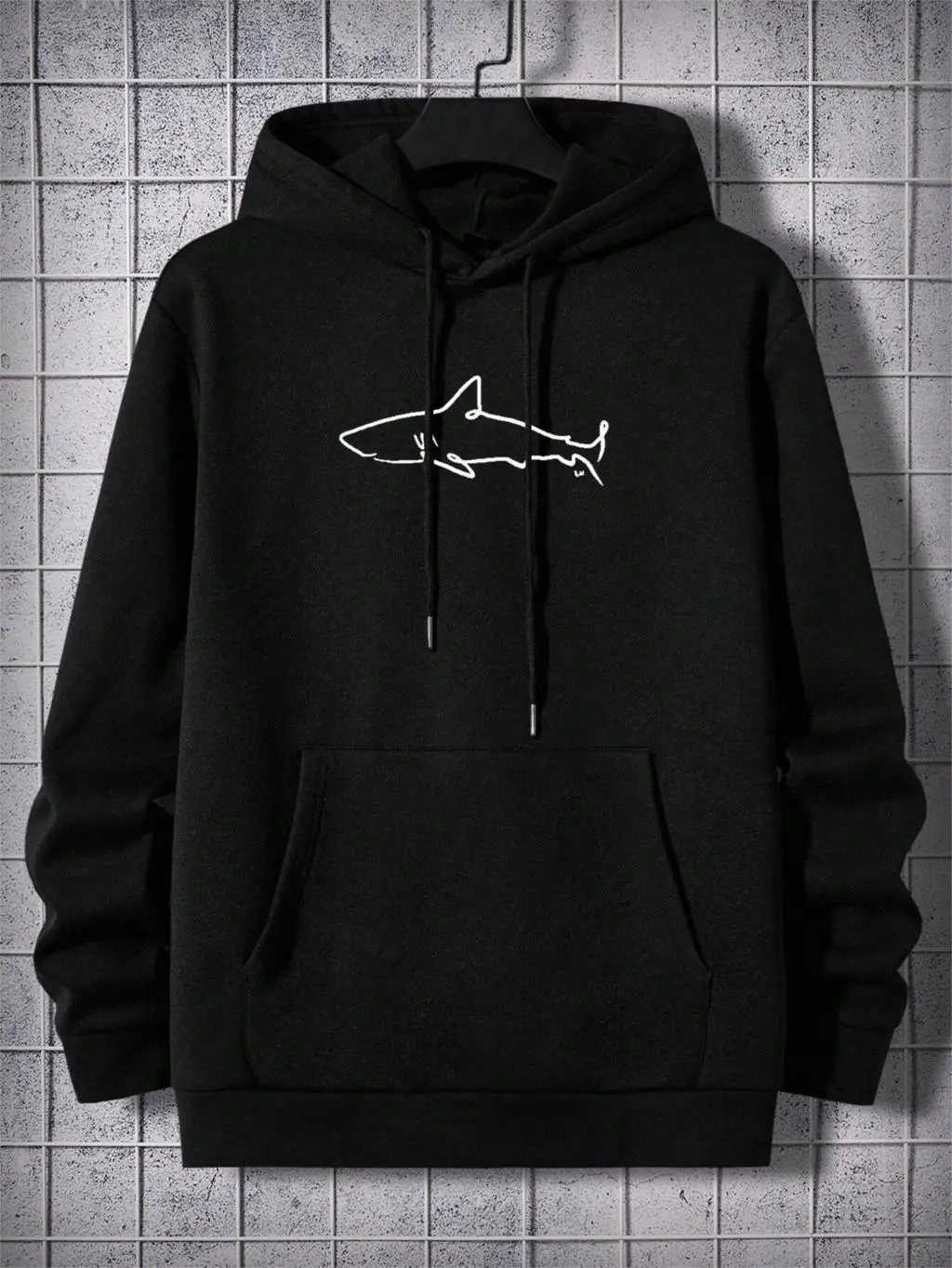 Simple Shark Printing Hoodie For Men Kangaroo Pocket Drawstring Pullovers Thermal Fleece Warm Sweatshirts Autumn Casual Clothes W251106