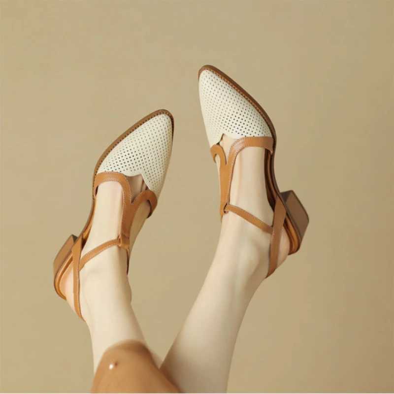 New Arrival Womens denim leather mixed color decal toe ankle shoulder strap heel sandals elegant womens daily dress pump shoes T250110