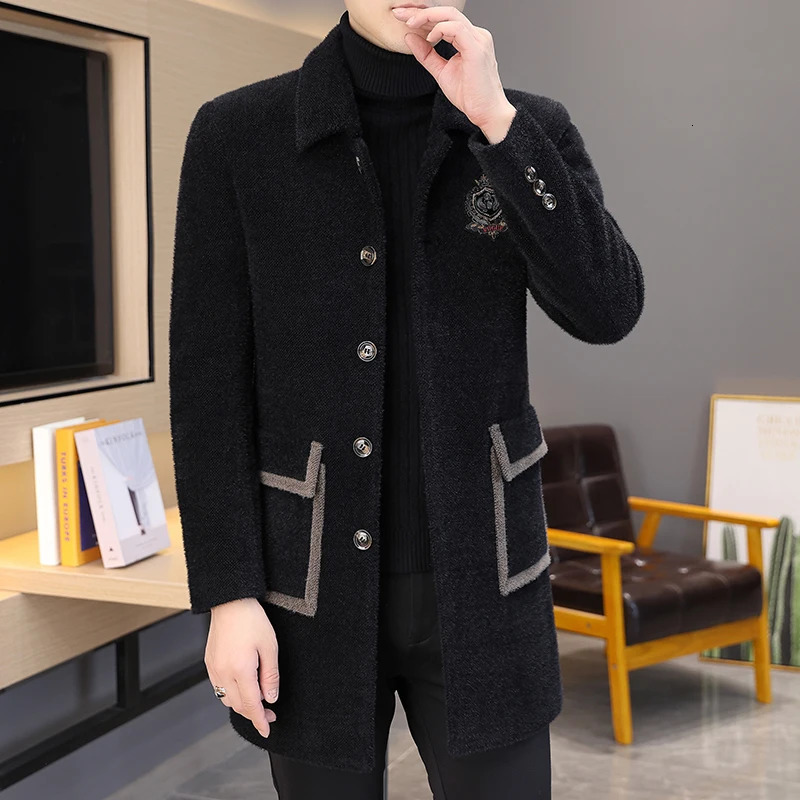 Winter Mink Velvet Wool Blends Jacket Men Casual Business Long Coat Social Streetwear Slim Overcoat Windbreaker 250106