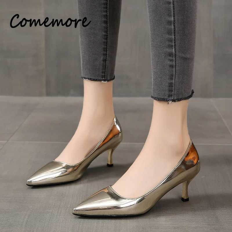 New Arrival Comemore Womens Pointe Toe Gold Silver Pump Womens Wedding Bridal Shoes Fashion Womens Patent Leather High Heels Plus Size 45 T250110